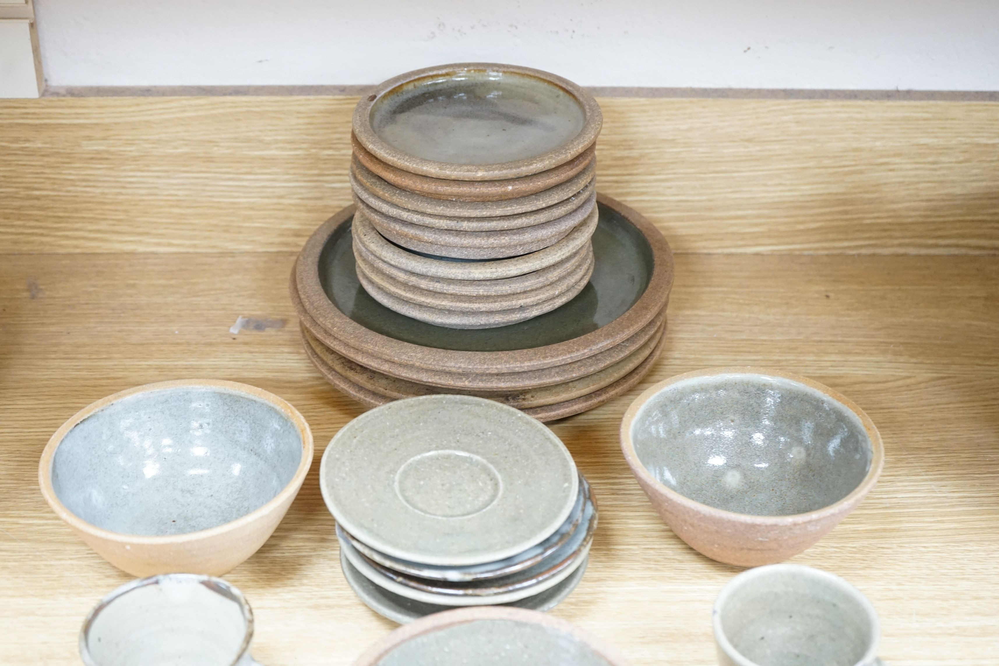A group of St Ives (Leach) pottery green glazed stoneware tea and dinner wares